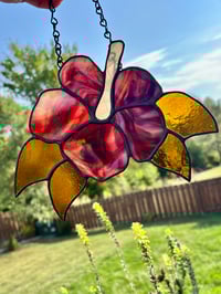 Image 2 of Sunset Hibiscus Stained-Glass Suncatcher - Red & Orange Tropical Flower Window Hanging