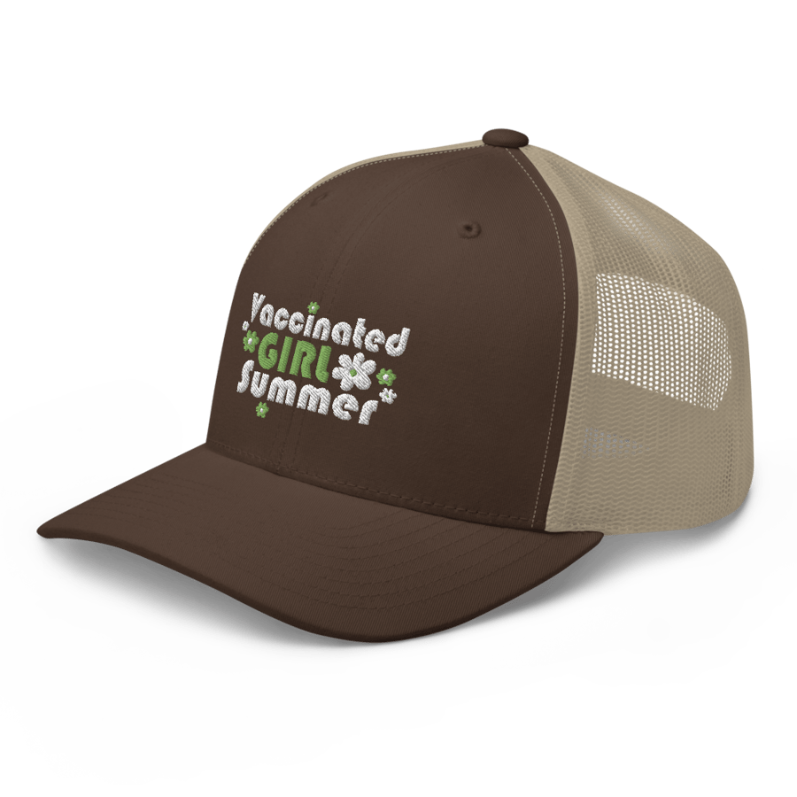 Image of "Vaccinated Girl Summer" Trucker Hat (green/white text)