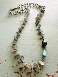 Image 1 of wire wrapped labradorite turquoise and Tahitian pearl necklace