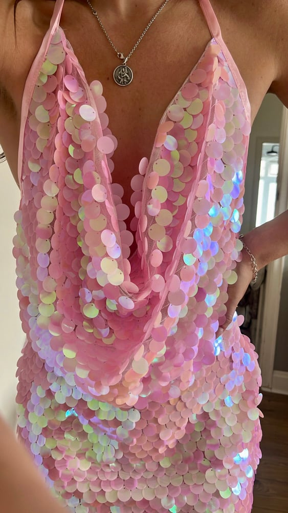 Heavily embellished Disc sequin Pink mesh halterneck cowl tie top