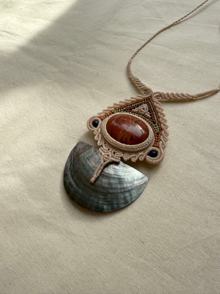 Image of Macrame necklace with brecciate stone and mother of shell pearl 