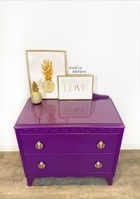Image 5 of Vintage Harris Lebus CHEST OF DRAWERS painted in bright purple with glass top