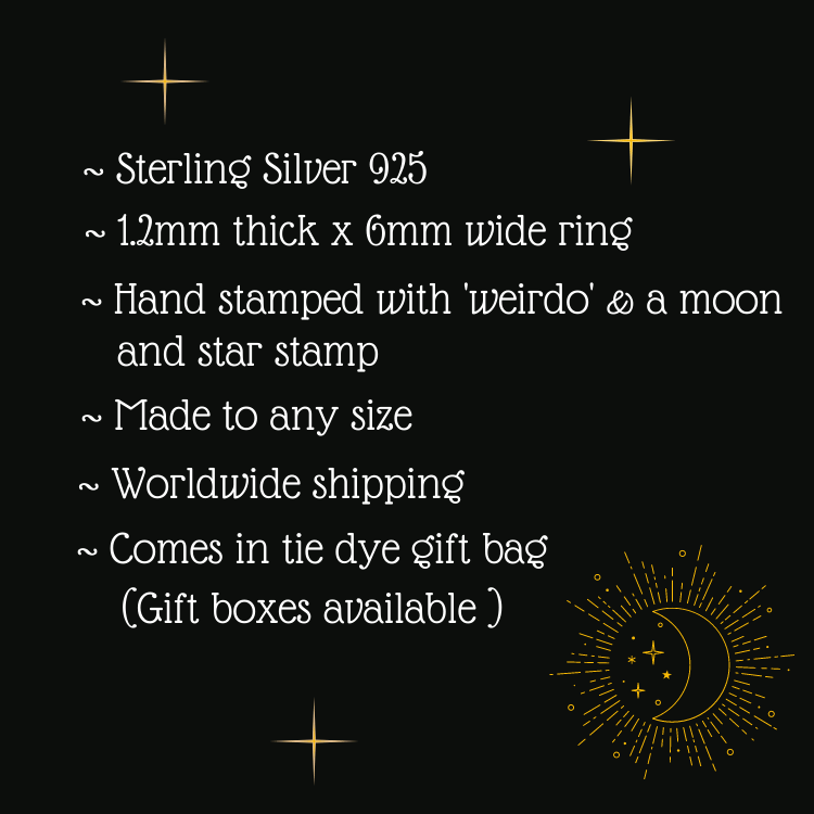 Weirdo silver ring with star and moon stamp. Hand stamped silver 925 ring.