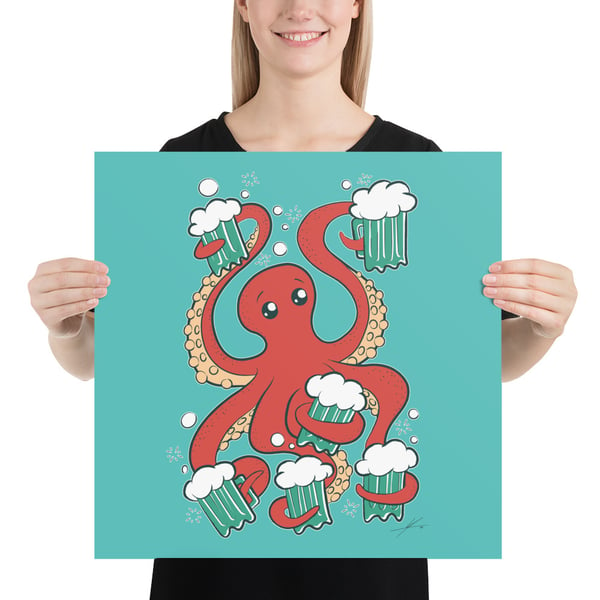 Image of Happy Octopus Drinking Beers by IAMO Poster