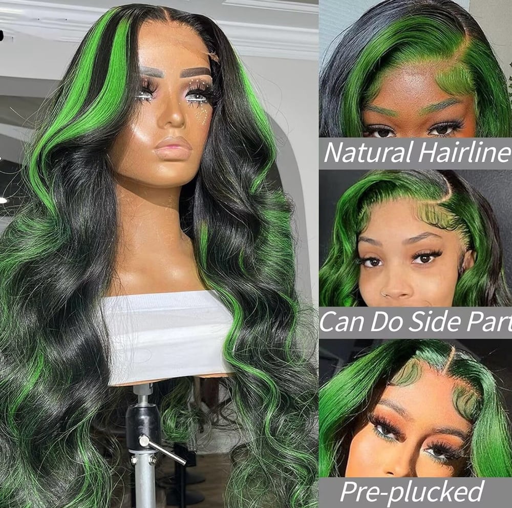 Image of Glueless 180 density Black and Green Highlight Wig Human Hair 13x4 Body Wave Frontal Wig