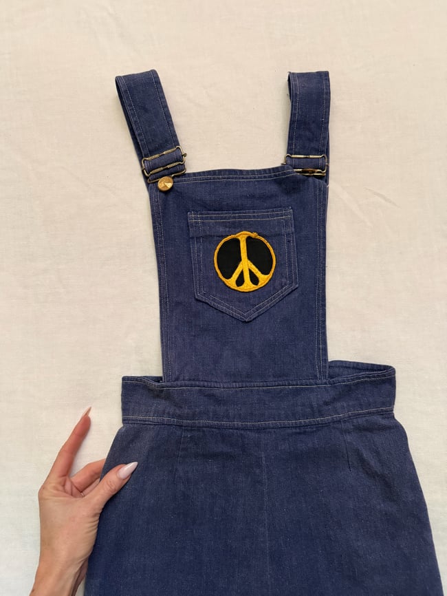1960s denim short overalls with peace and ecology environmental patches