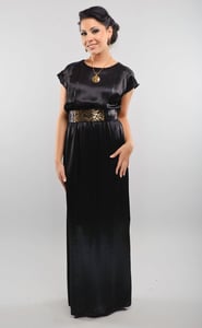 Image of 1970s Black Satin Gown with Gold Zebra Belt