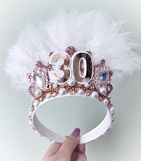 Image 1 of 30th Birthday tiara crown, rose gold with white Feathers & Pearls any age available 