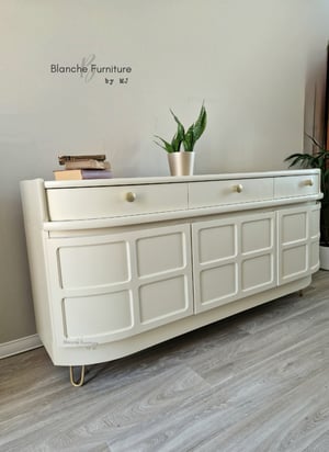 Image of Stunning Nathan Curved Sideboard in Off White on Gold Hairpin Legs