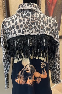 Image 1 of Vintage Black Leopard Denim Jacket Fringe Janis Joplin