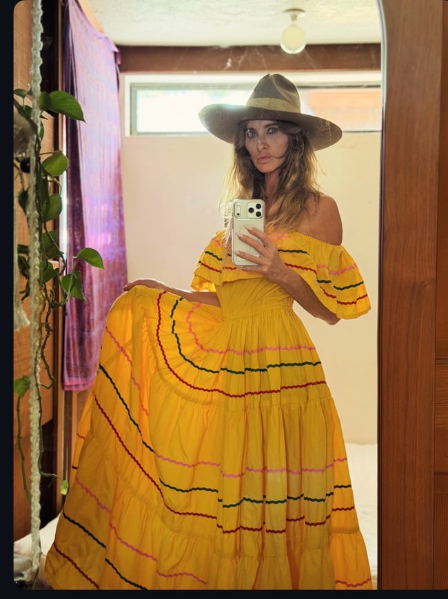 1960s marigold cotton fiesta bohemian dress off shoulder 