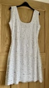 White embellished sequin beaded dress with feathers 