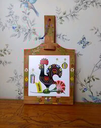 Image 2 of Hand-painted Rooster Trivet Tile Wooden Framed Portugal Wall Hanging Decor