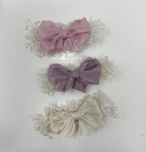 Image of Bow headband, matching lovey pin and bonnet clip