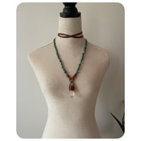 Image 1 of The Ariella Necklace - Turquoise Nuggets Clear Quartz and Chestnut Brown Leather