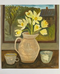 Image 2 of Lemony daffodils by a landscape painting 