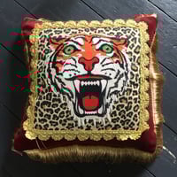 Image 1 of Red Velvet Leopard Tiger Patch Fringed Cushion Cover