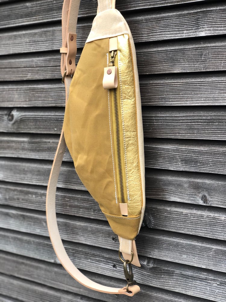 Image of Fanny pack in waxed canvas and pinatex / chest bag / day bag/ with leather shoulder strap
