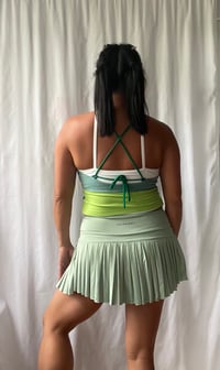 Image 5 of green patchwork stripes apron adult M/L medium large halter adjustable tie courtneycourtney crop top