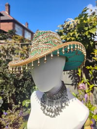 Image 3 of Dolly cowboy hat - recycled sari fabric Dark Green pearls