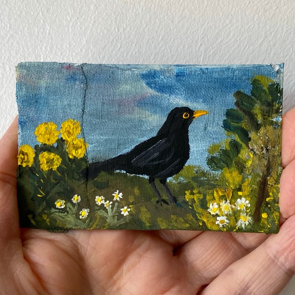 Image of blackbird with wild flowers 