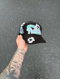 Image 1 of PINK BRIM BLACK CORDUROY PHILADELPHIA PHILLIES CUSTOM FITTED CAP