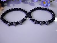 Image 1 of Gothic Men Black Onyx Skull  Bracelet/ Beaded Skull Stretch Bracelet