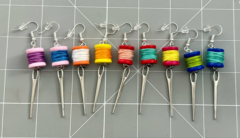 Image of Mini Thread Spool & Sewing Needle Earrings