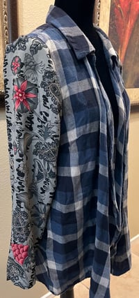 Image 4 of Vintage Funky Blue Flannel Shirt Floral Sleeves Crystal Cross