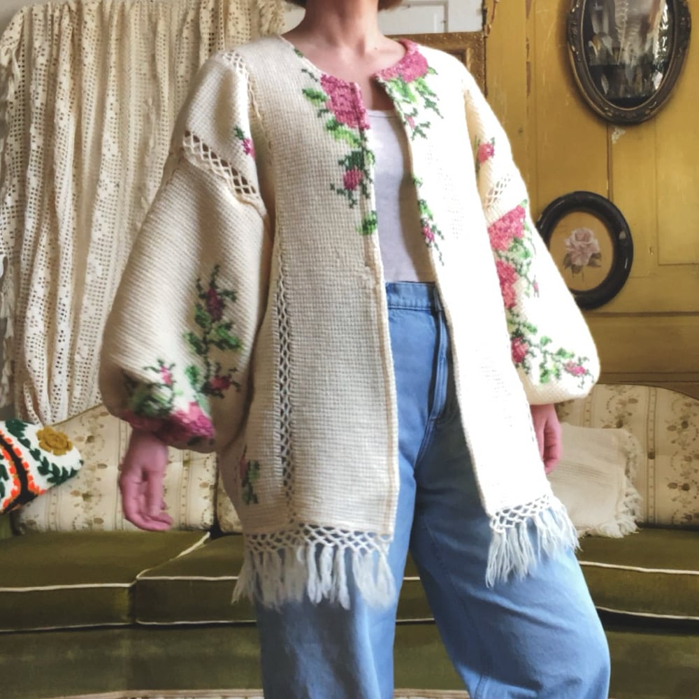Image of Vintage Cross-Stitch Pink Roses Granny Sweater
