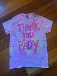 Image 2 of Light pink tie dye multi colour with light purple text tshirt (small)
