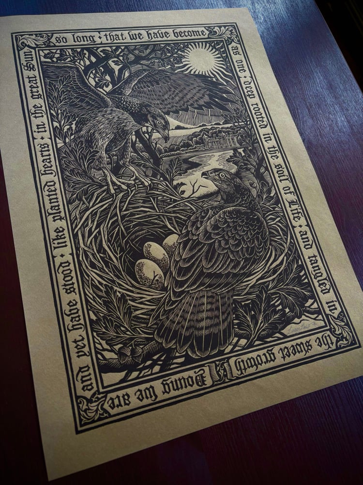 Image of ‘Blickling Buzzards’ Original Woodcut Print - Black on Sand