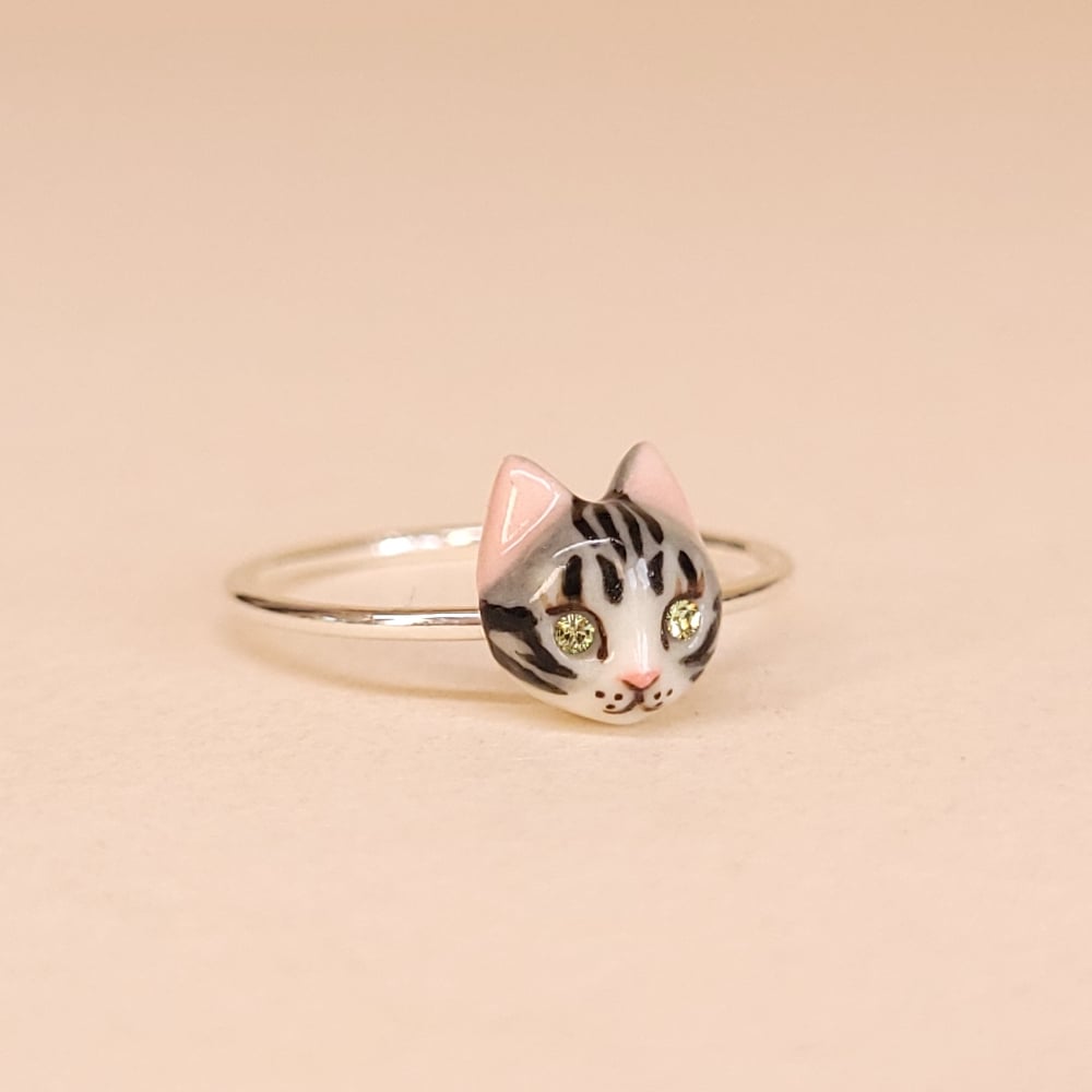 Image of Silver Tabby Porcelain & Sterling Silver Cat Ring