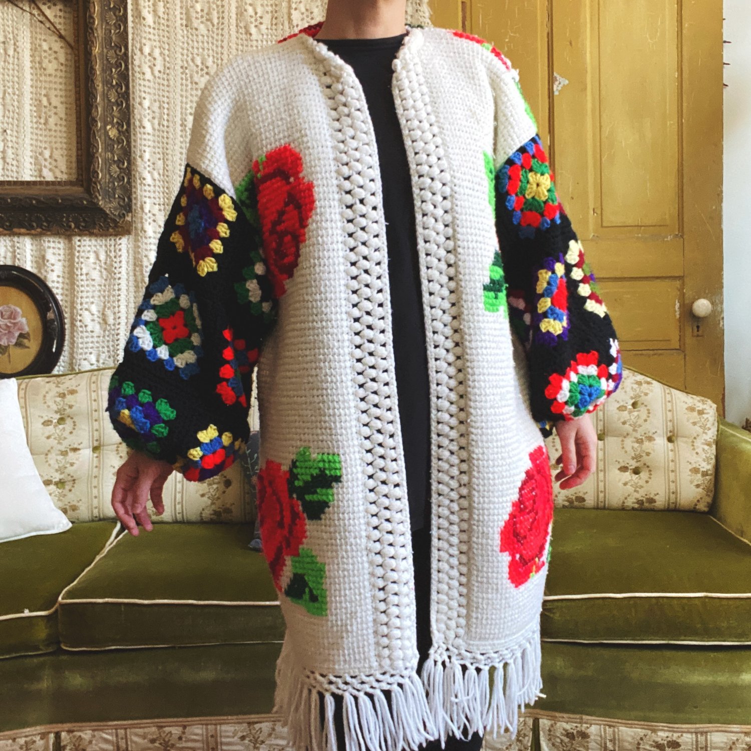Image of Red Rose w/ Black Sleeves Granny Sweater