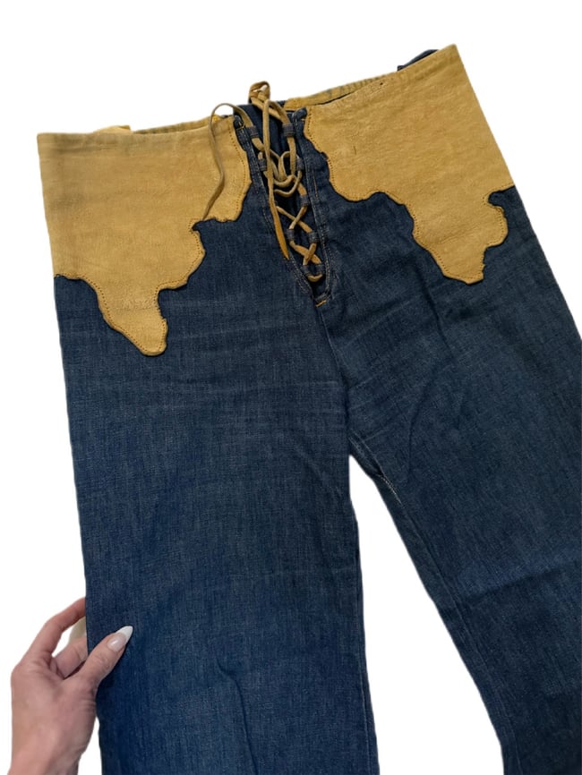 early 1970s leather and denim lace up bell bottom jeans