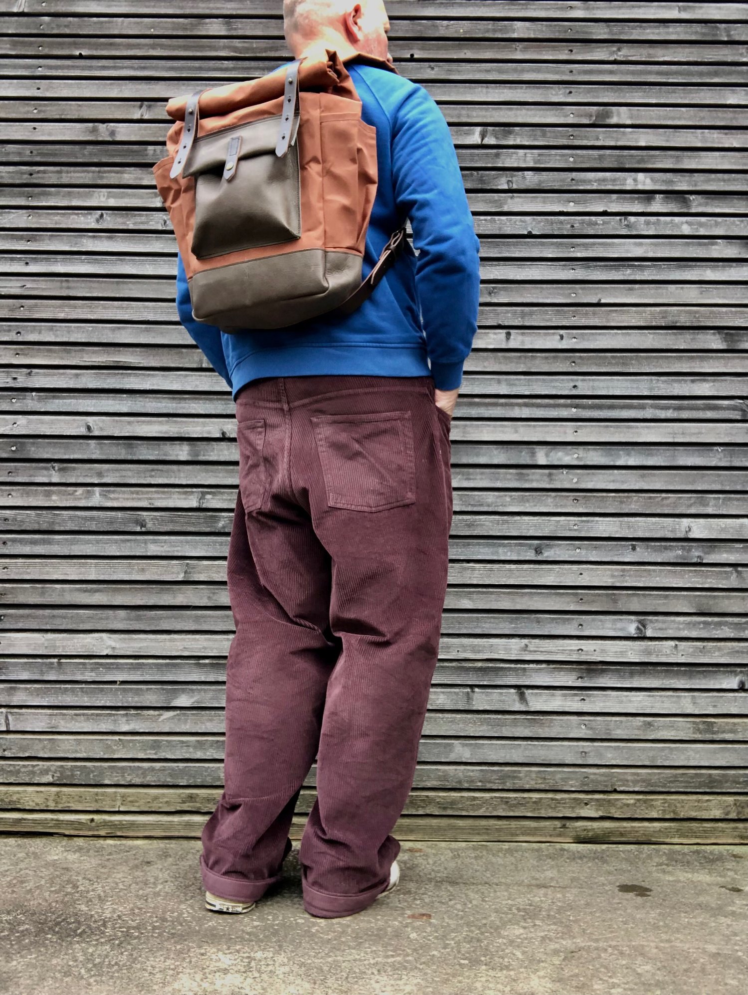 Image of Dry waxed canvas backpack /hipster backpack with roll up top and double bottle pocket