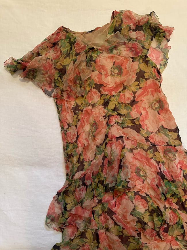 1920s tissue silk chiffon peony dress