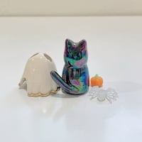 Image 8 of Glow in dark ghost mask, pumpkin, and spider black cat ceramic figurine (rainbow effect)