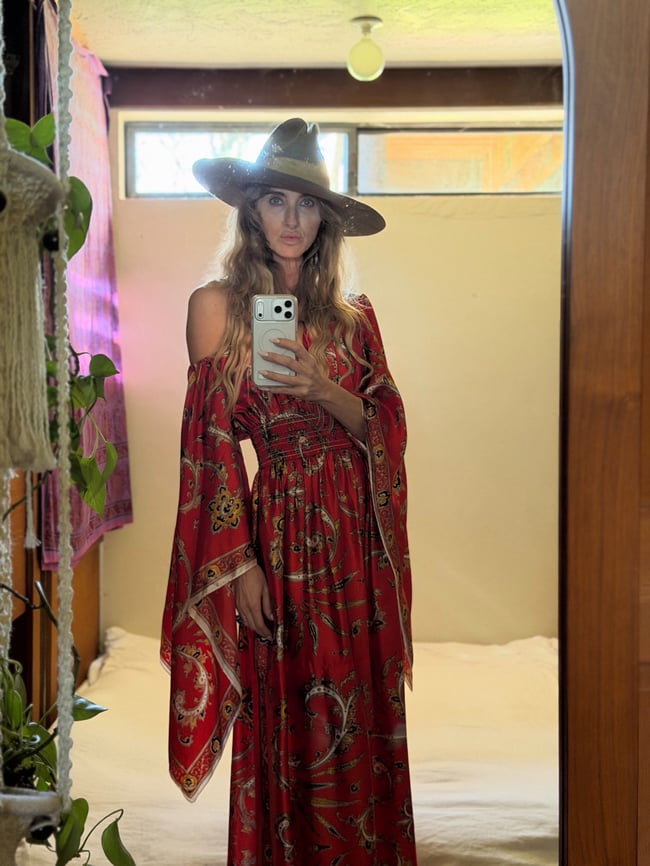 1960s red paisley angel sleeve satin scarf maxi dress gown 70s