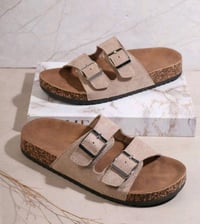 Image 4 of Women Open Toe Double Buckle Band Footbed Slide Sandals