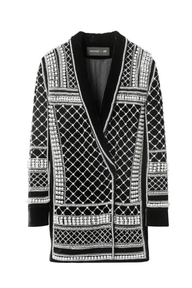 Image of BALMAIN x HM BLACK VELVET EMBELLISHED BLAZER DRESS (US 10/EU 40)