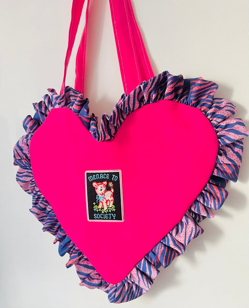Image of 💖 Hot Pink Heart Bag with Pink & Purple Zebra Ruffle – “Menace to Society” Y2K Tote 💖