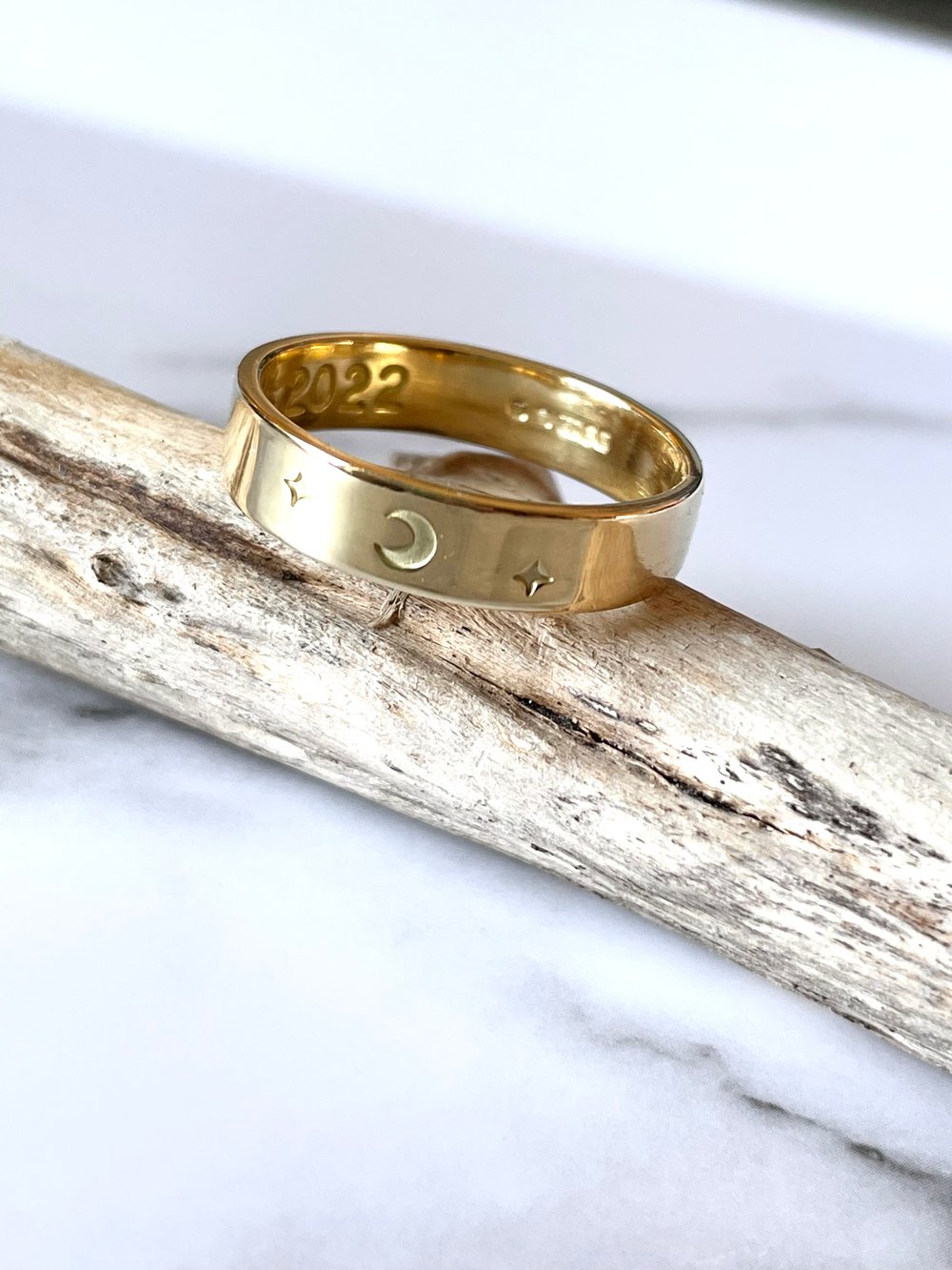 Celestial 18ct Gold Wedding Ring Crescent Moon Stamp Detail. Cosmic Moon Gold Wedding Band Stamped