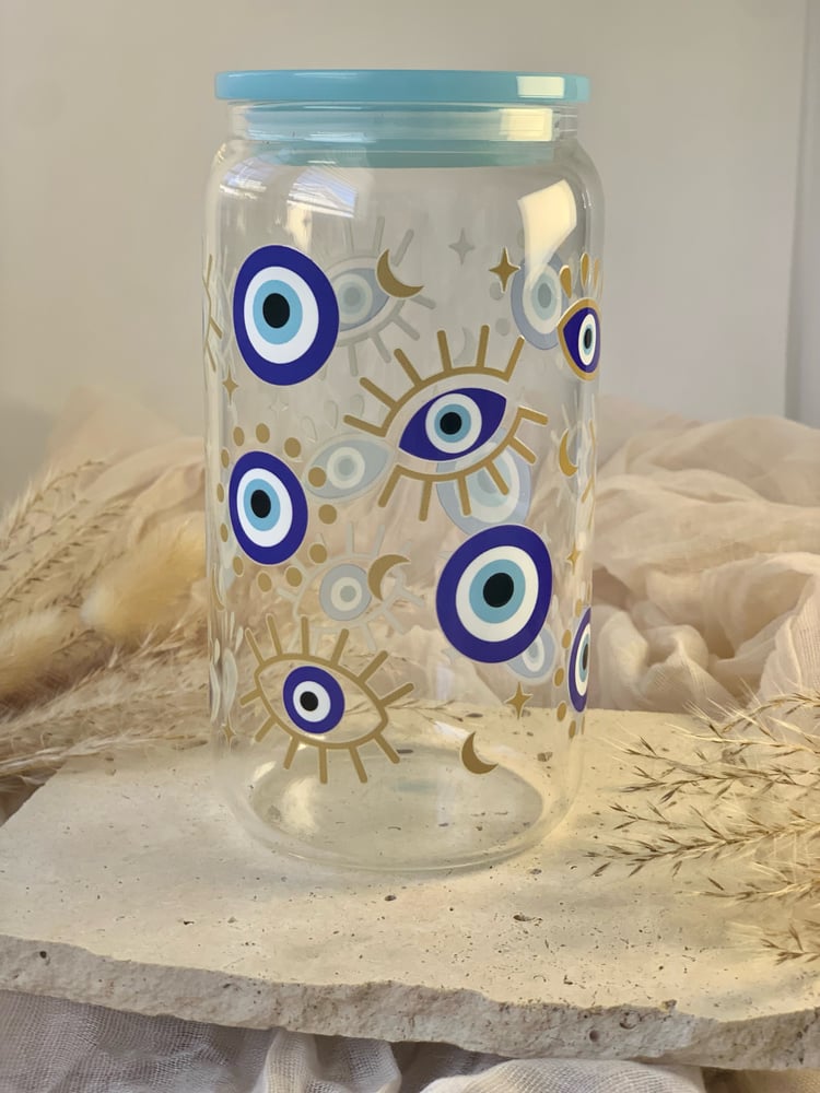 Image of Glass Can Cup Evil Eye Blue 