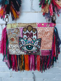 Image 1 of FRILL body cross Sari bag with HAMSA Hand detail 