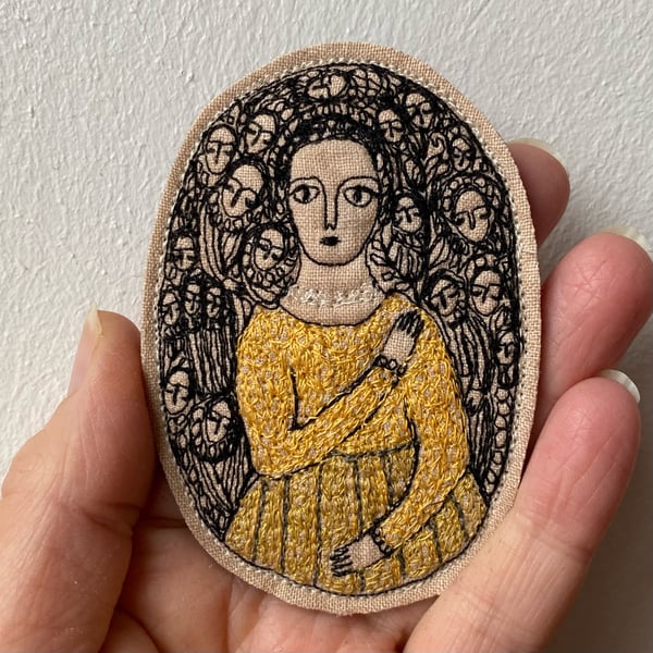 Image of NEW WORK Fine Woman in yellow-golds - larger embroidery portrait brooch