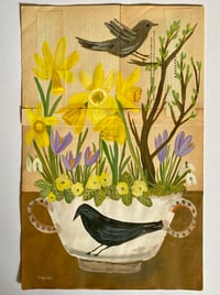 Crow dish with spring garden - book page artwork 