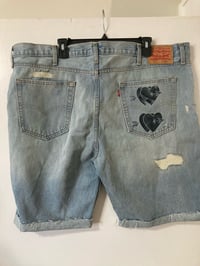 Image 2 of 'That’s What I Love' Custom Blockprinted Distressed Denim Shorts