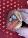PHONE GRIP - Blushy Gold Lips With Gold Rhinestone Rose 