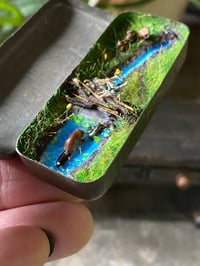 Image 2 of Beaver building a dam. Miniature vintage tin diorama 